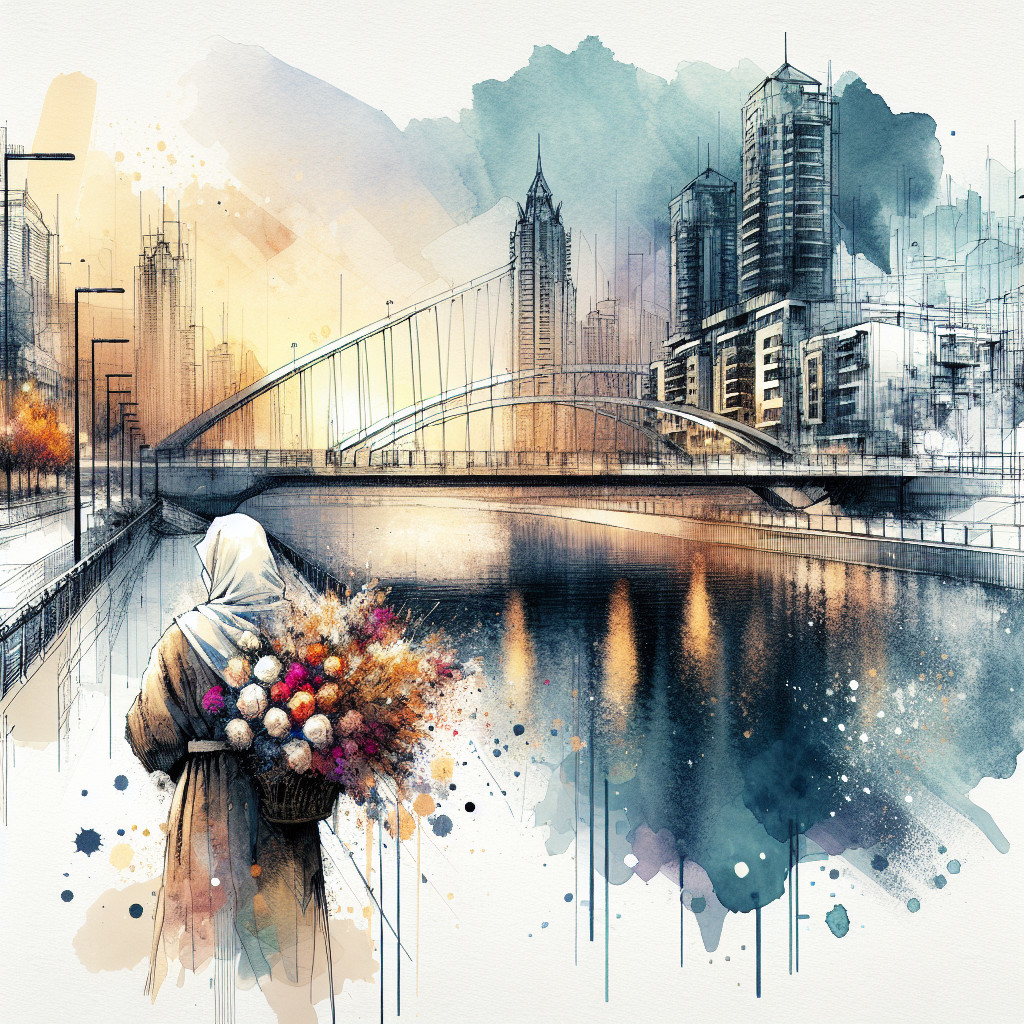 Woman in Traditional Attire by Calm River and City Skyline
