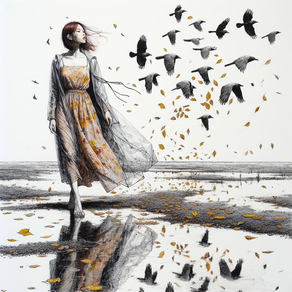 Woman in Floral Dress Surrounded by Nature Elements