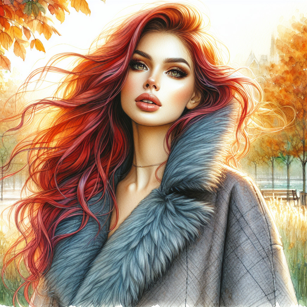 Woman with Red Hair in Autumn Park Setting