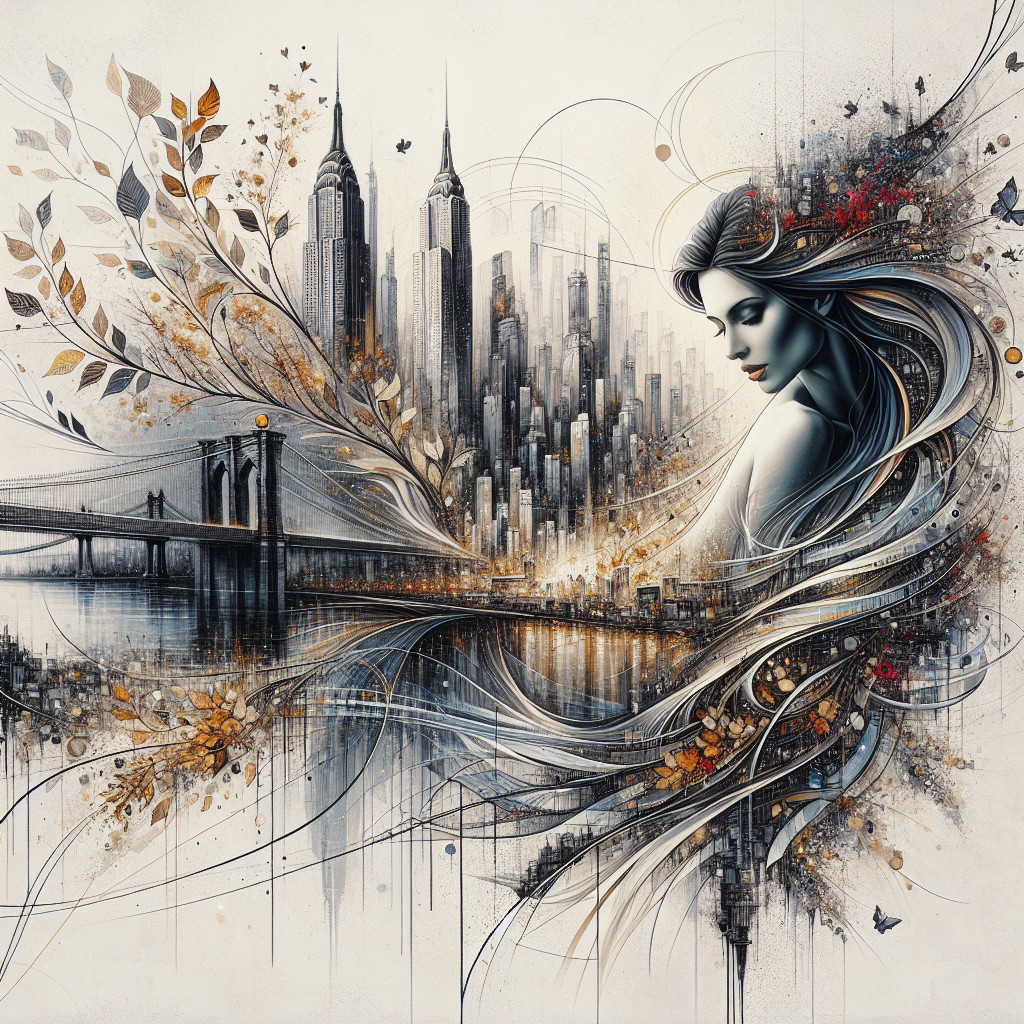 Female Figure with City Skyline and Nature Elements