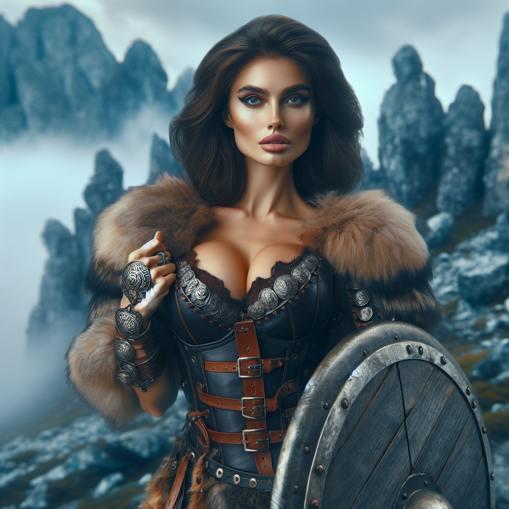 Barbarian Woman in Fur Collar with Shield in Mountains