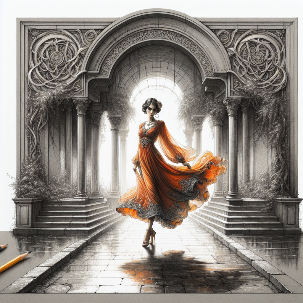 Elegant Figure in Orange Gown Amidst Architectural Beauty