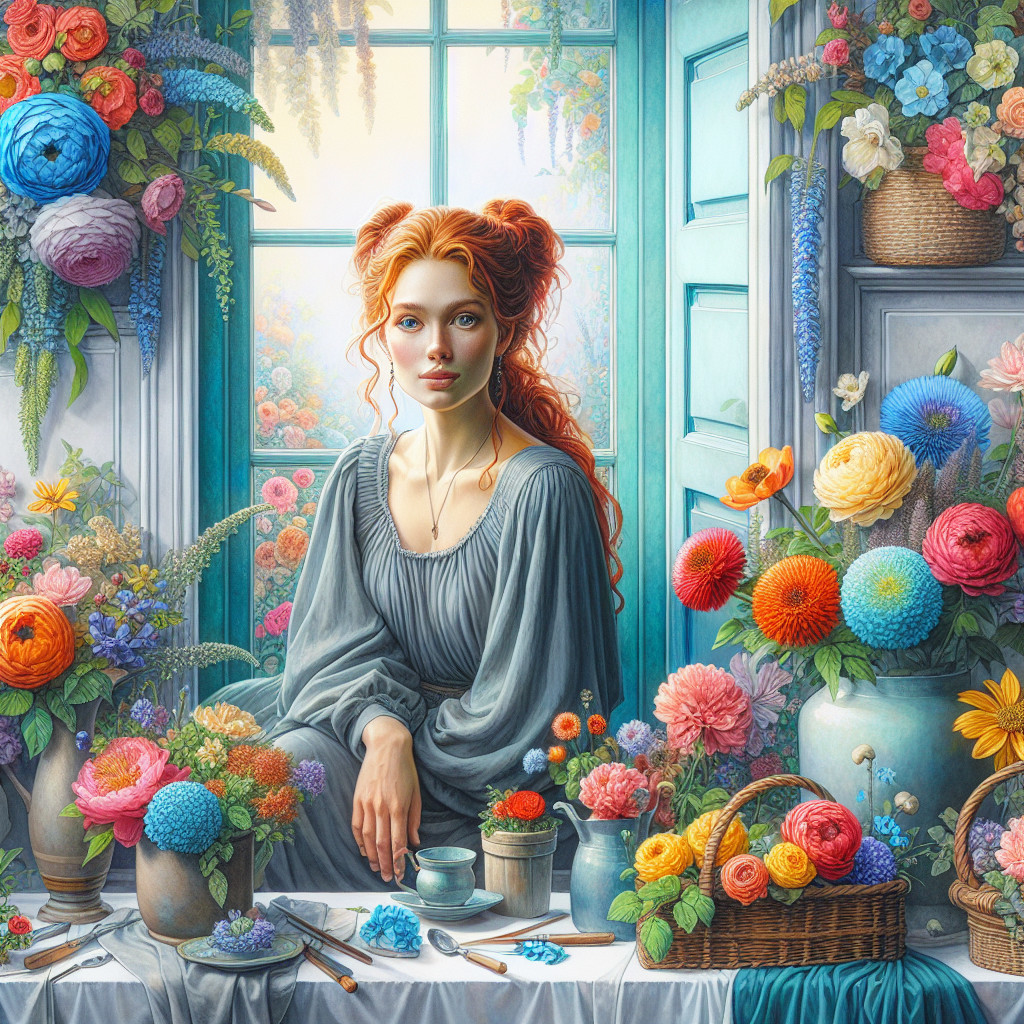 Young Woman Surrounded by Flowers in Sunlit Room