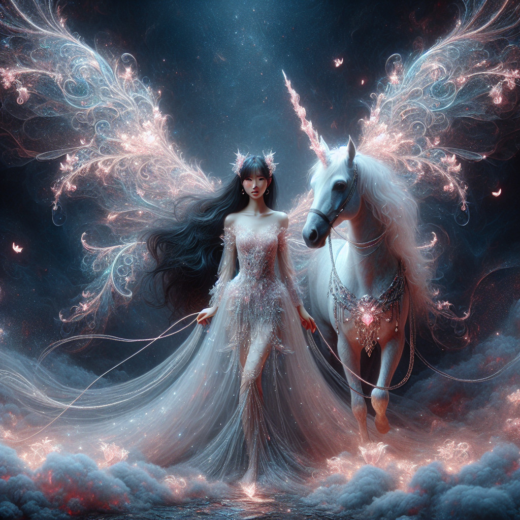 Mystical Scene with Woman and Unicorn in Enchanting Light