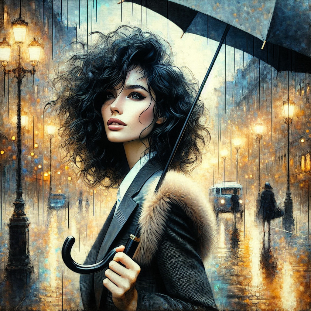 Chic Woman with Curly Hair in Rainy Urban Setting