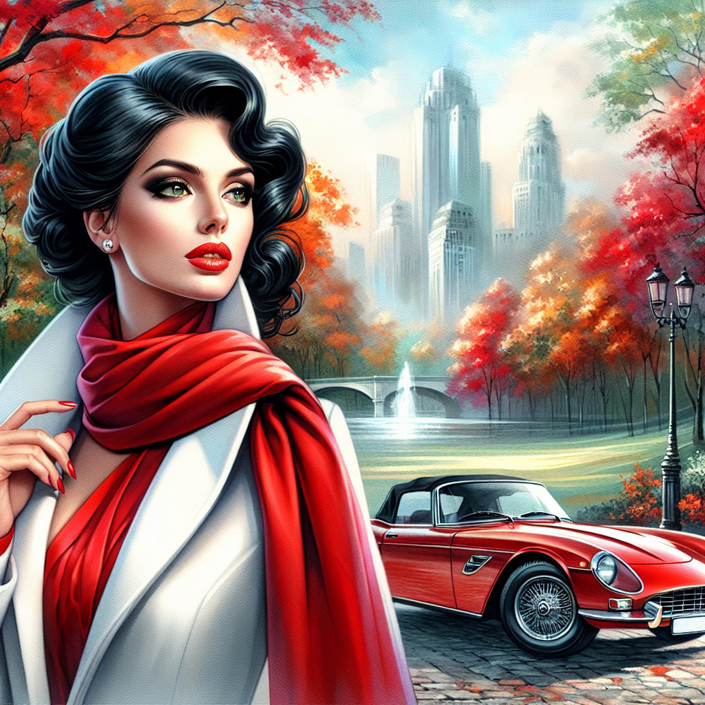 Glamorous Woman in Autumn Urban Landscape Scene