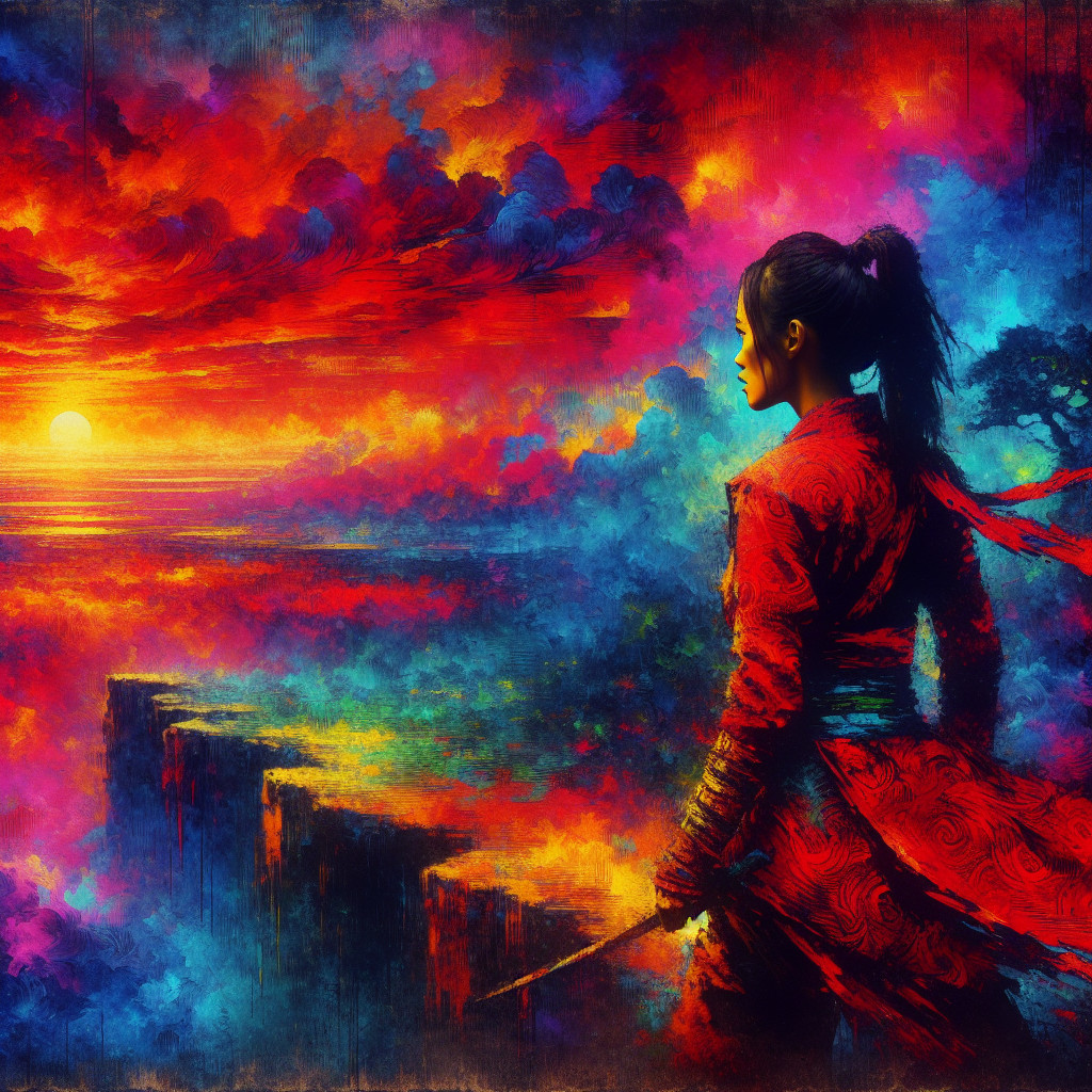 Warrior in Red Outfit Overlooking Sunset on Cliff