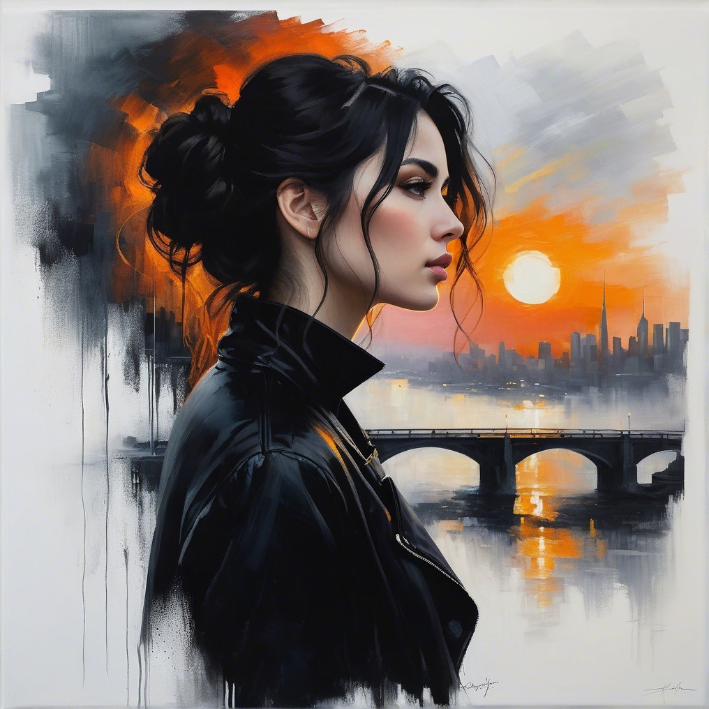 Profile of Woman in Leather Jacket Against Sunset Scene