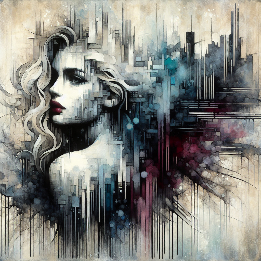 Female Profile Against Abstract Cityscape Artwork