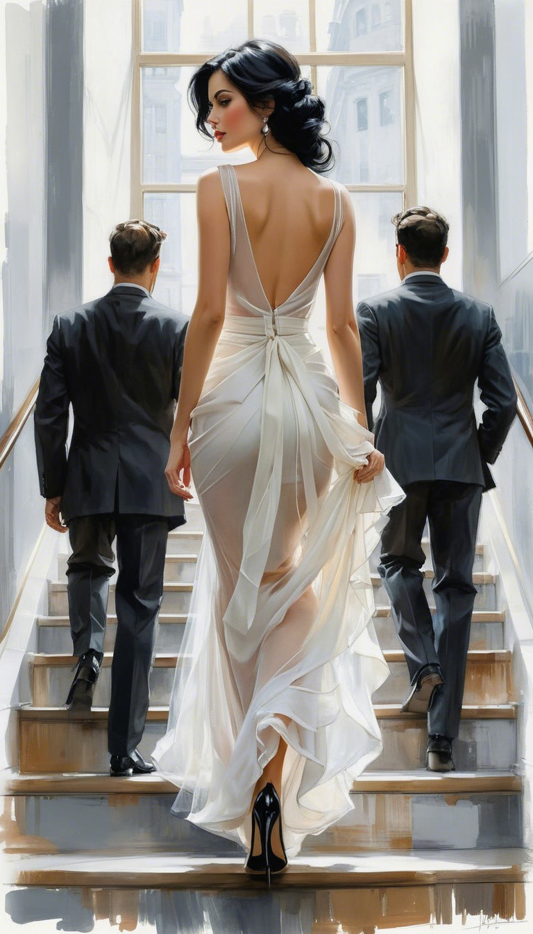 Elegant Woman in Backless Gown on Grand Staircase