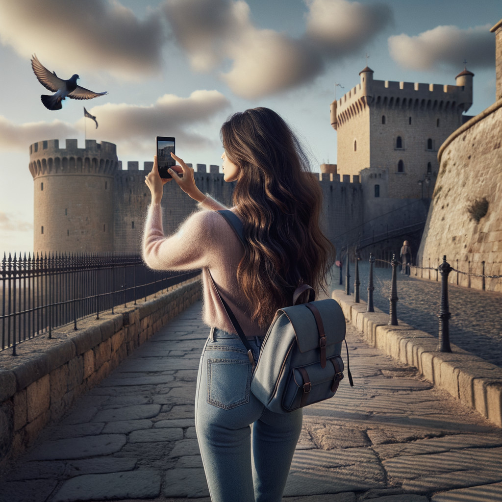 Young Woman on Cobblestone Path with Castle Background