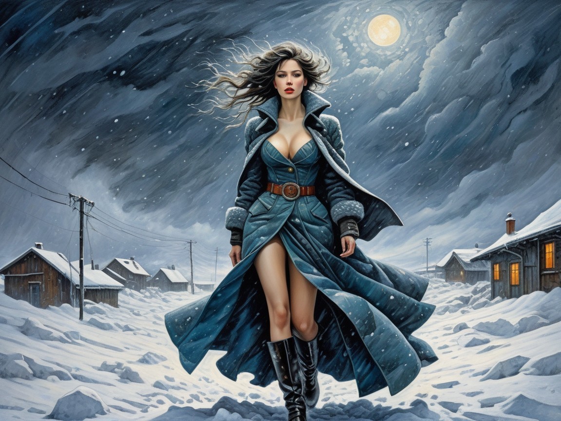 Woman in blue coat walking through snowy landscape