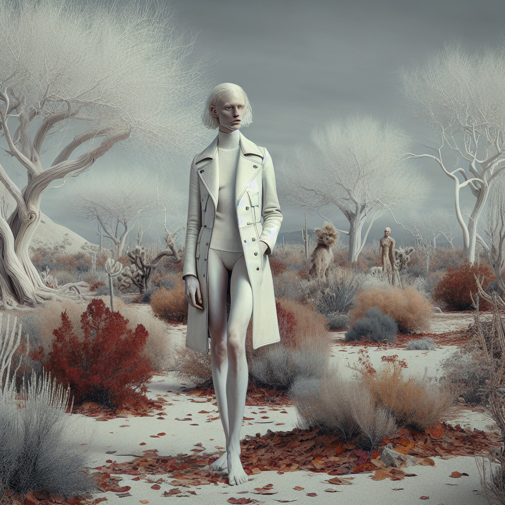 Surreal Landscape with Ethereal Figure and Ghostly Trees