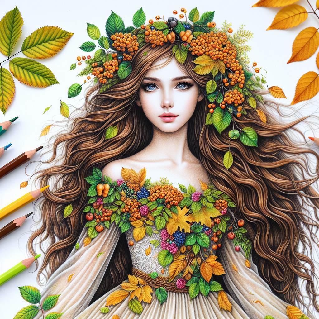 Illustration of a Woman with Autumn Leaves and Berries