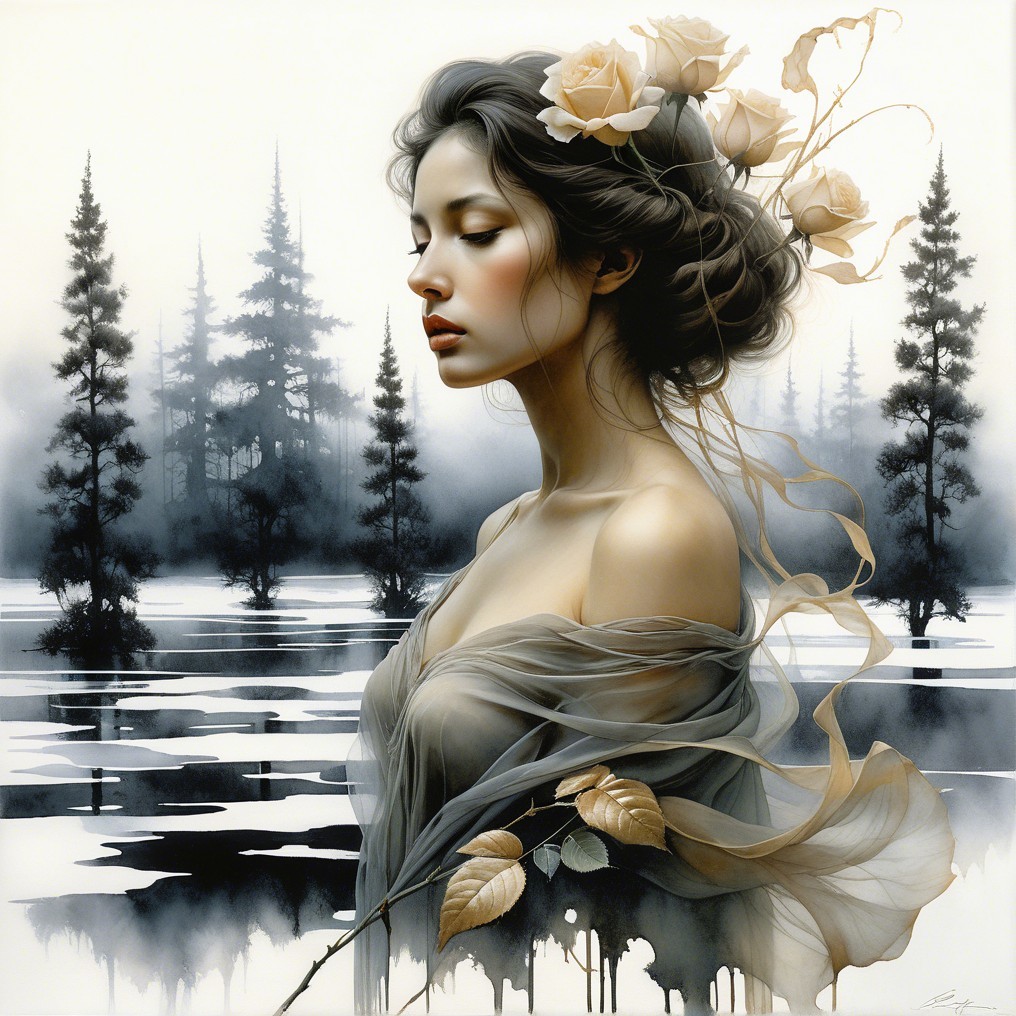 Serene Woman with White Roses by a Tranquil Lake