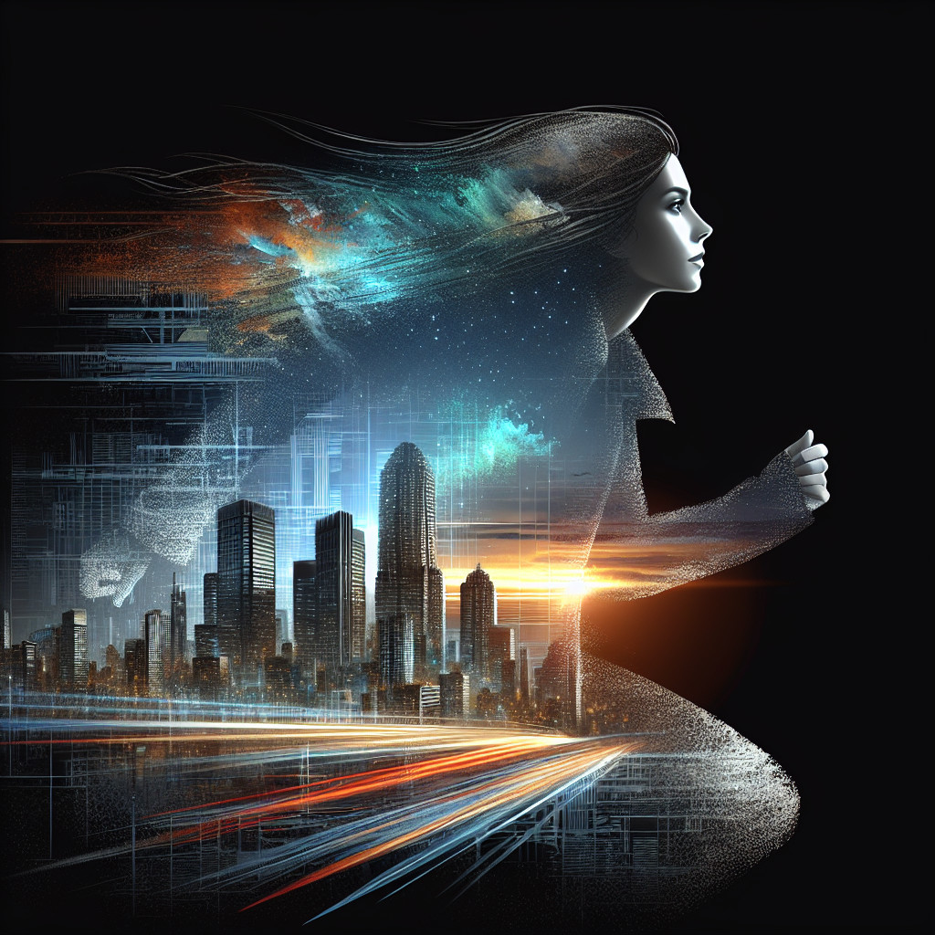 Dynamic Silhouette of Woman Against Vibrant Cityscape