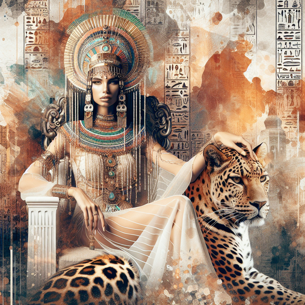 Regal Woman on Throne with Majestic Leopard and Hieroglyphs