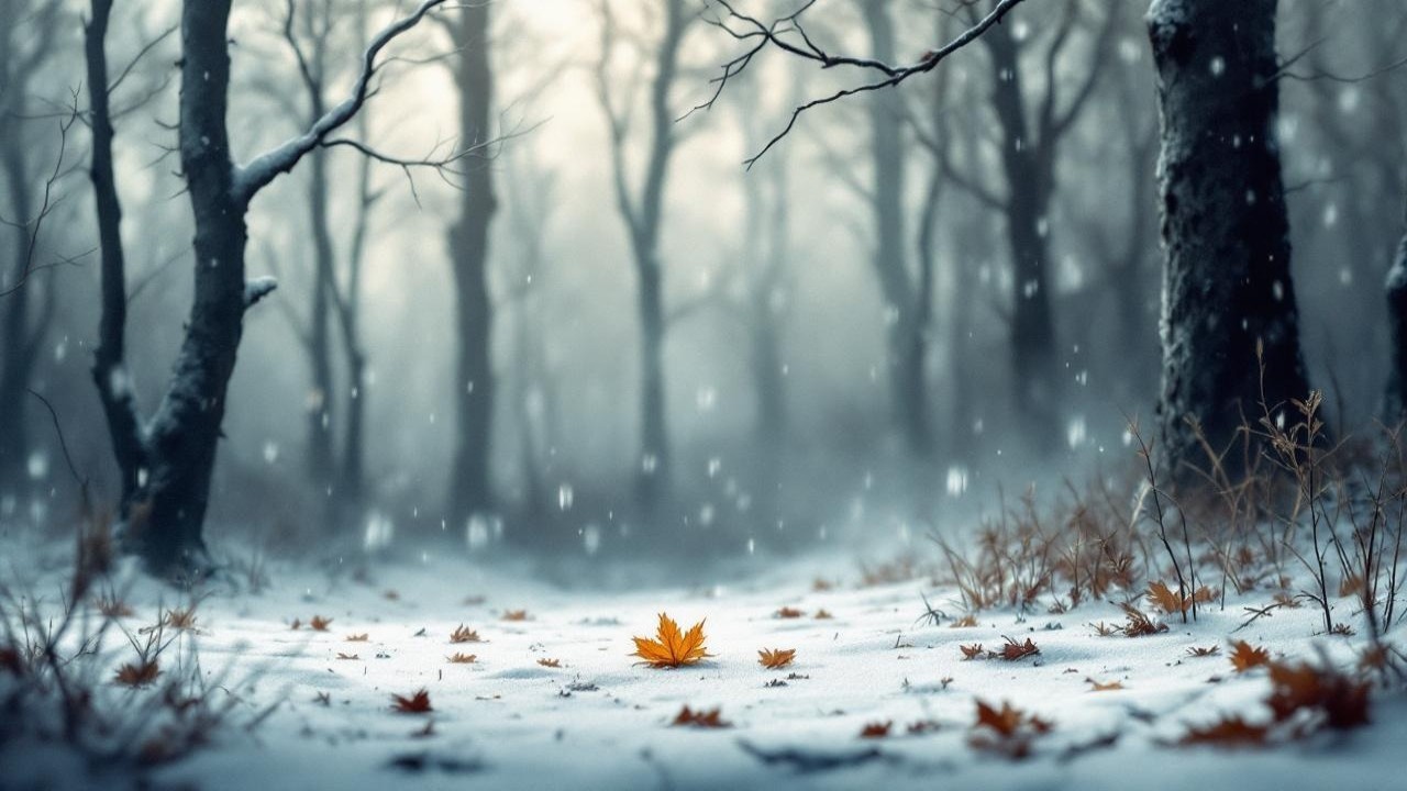 Wintry forest scene with snow-covered trees and leaf