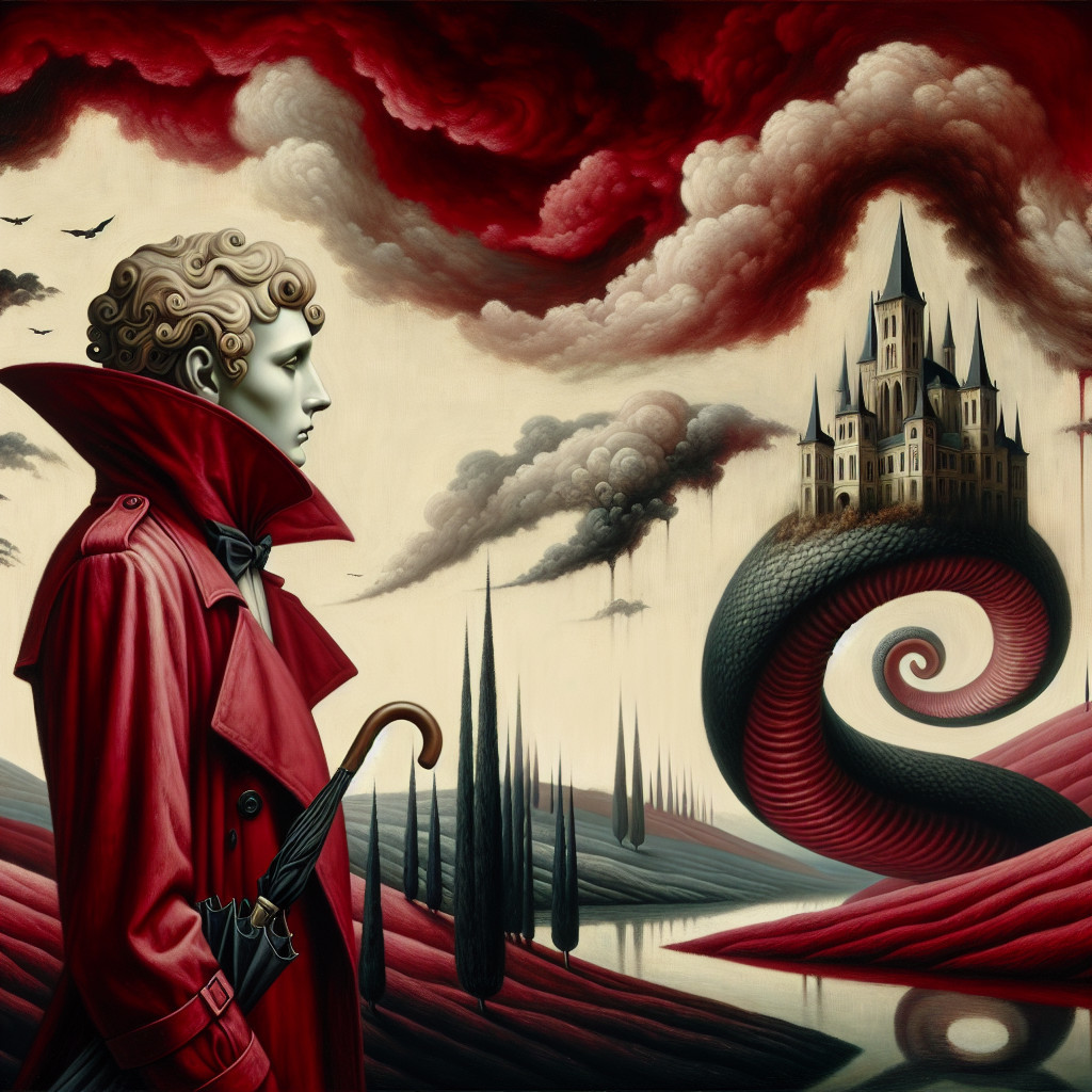 Surreal Landscape with Figure, Castle, and Dramatic Sky