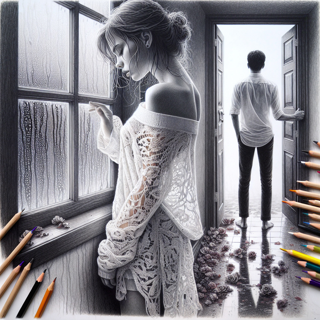 Melancholic Scene of Woman by Rain-Streaked Window