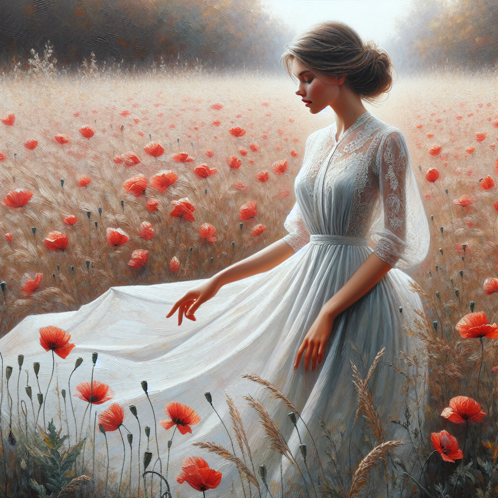 Young Woman in White Dress Among Red Poppies