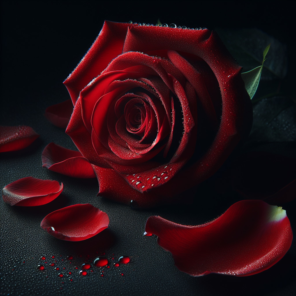 Detailed Red Rose with Dewdrops on Dark Background