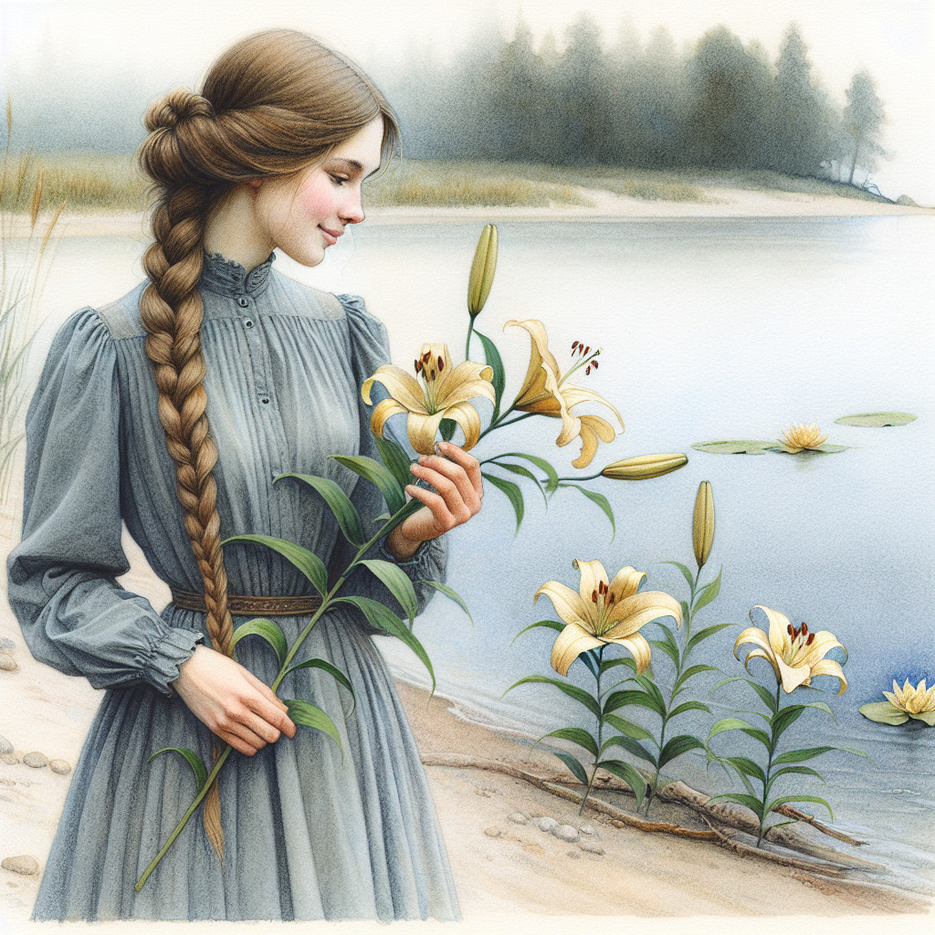 Young woman by tranquil lake with yellow lilies