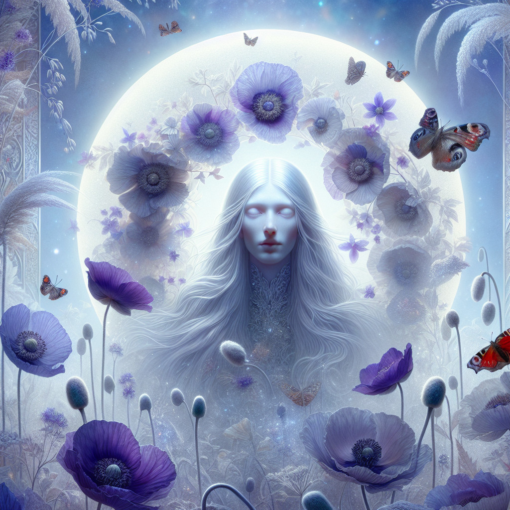 Serene portrait of a pale figure in a dreamlike landscape