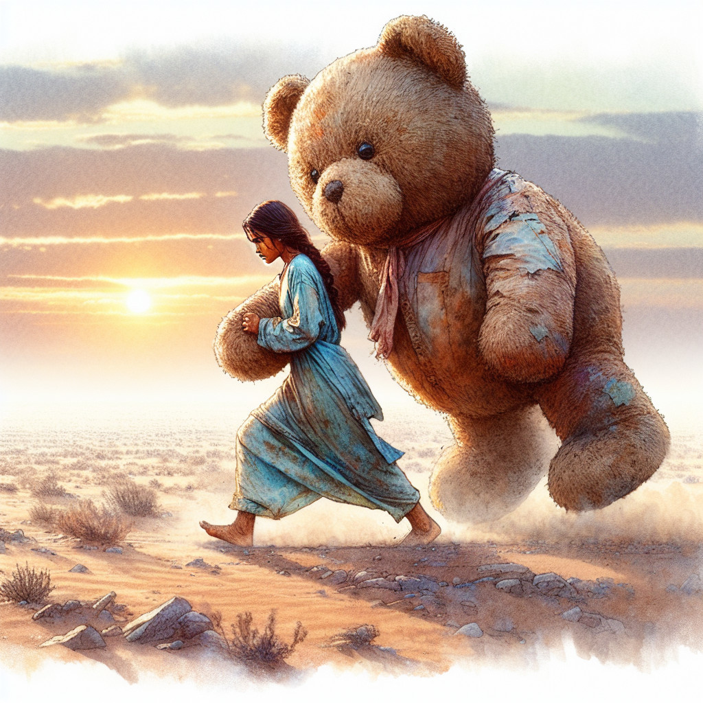 Young girl in desert with teddy bears at sunset