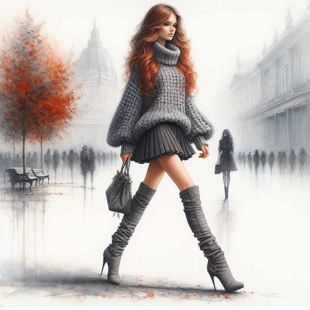 Fashionable woman in oversized sweater in urban mist