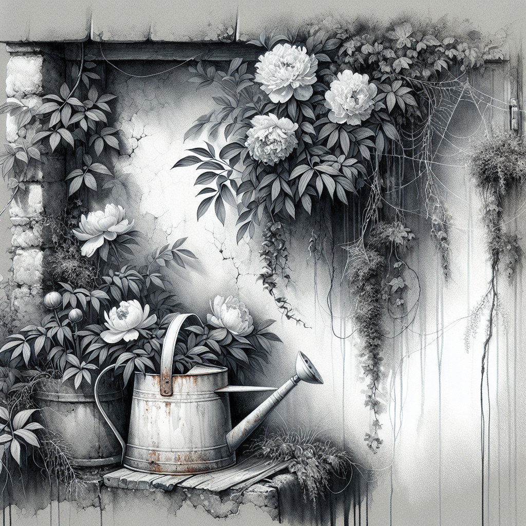 Monochrome Illustration of Watering Can and Peonies