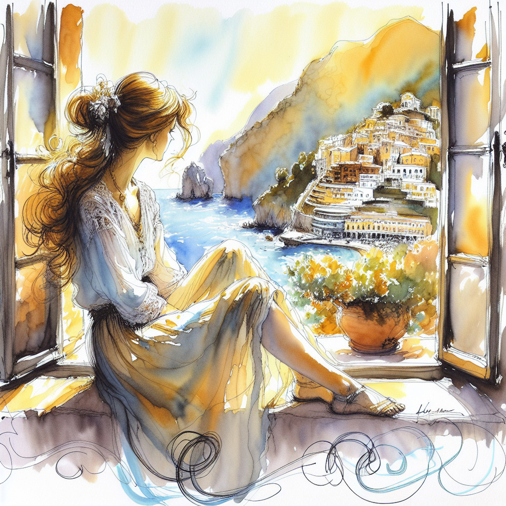 Serene Woman by Window Overlooking Coastal Village