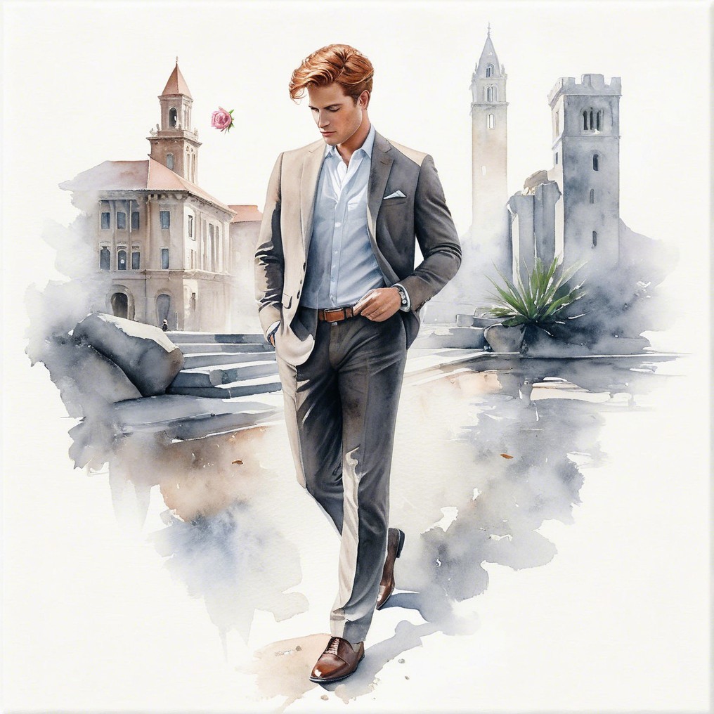 Stylish Young Man in Gray Suit Amidst Mediterranean Setting