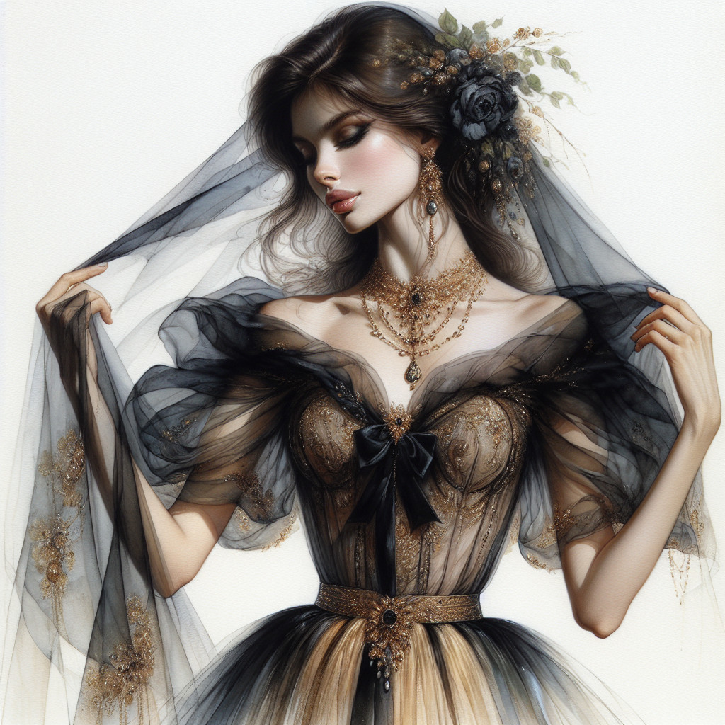 Elegant gown in black and gold with intricate lace details