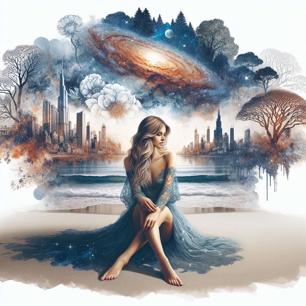 Serene Woman in Blue Dress on Cosmic Beach Scene