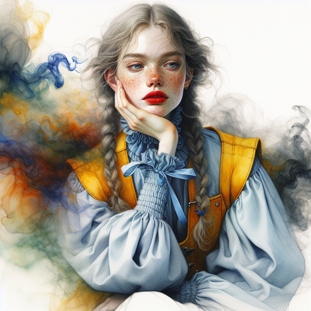 Young woman in colorful outfit with ethereal background