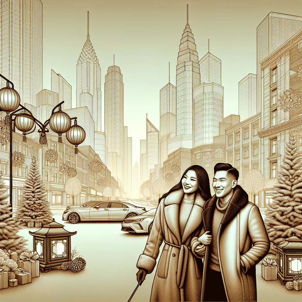 Joyful Asian Couple in Winter Clothes on Bright Day