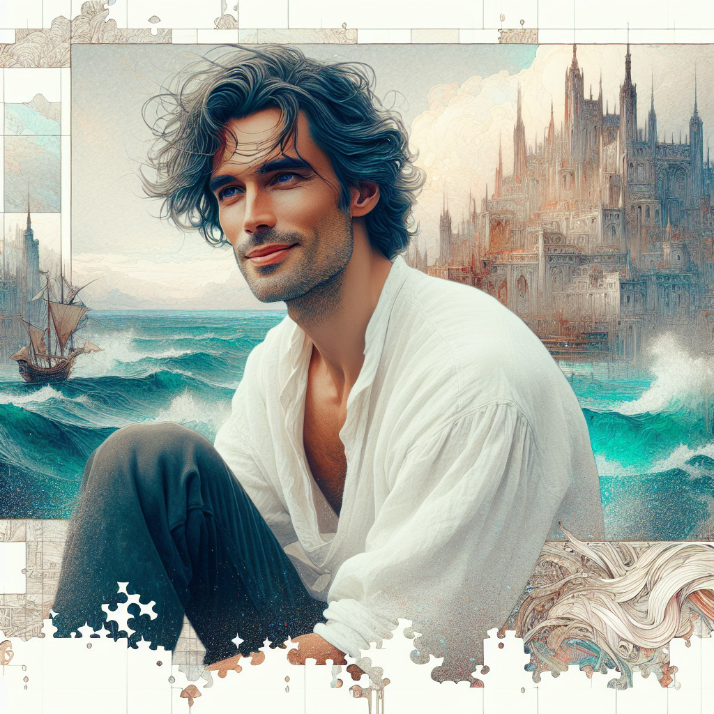 Young man by ocean with castle and distant ship