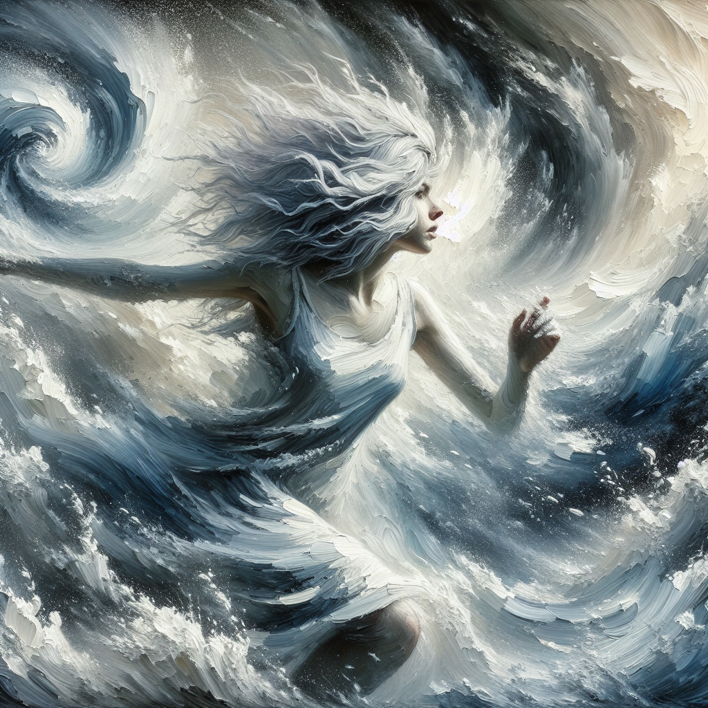 Woman with White Hair in Turbulent Sea Scene