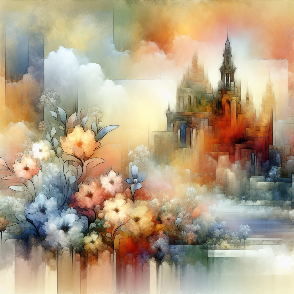 Dreamy Landscape with Abstract Flowers and Castle Silhouette