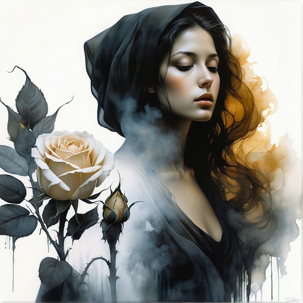 Contemplative Young Woman in Dark Hood with Roses