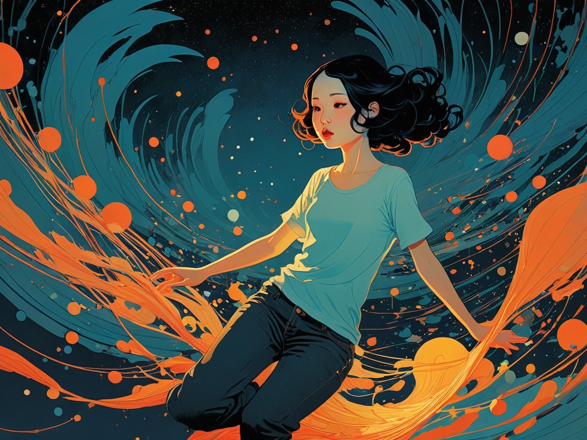 Painting of a woman in bright orange fluid stream