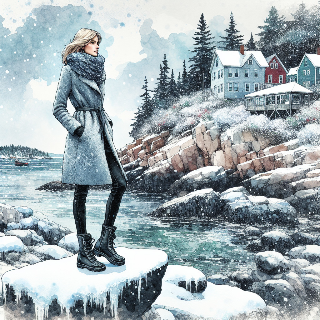 Watercolor of Woman at Snowy Rocky Shoreline