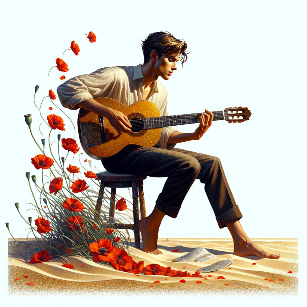 Young man playing guitar among red poppies and sand