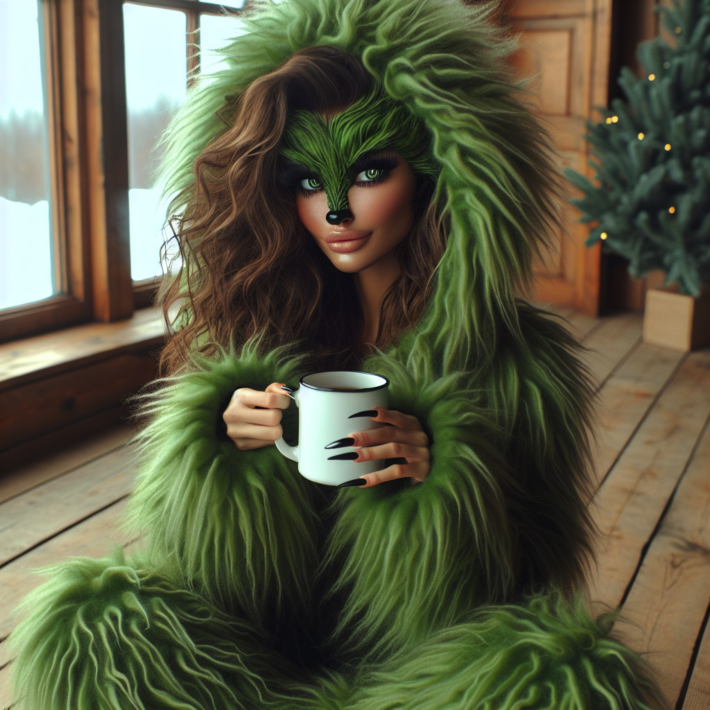 Young woman in green faux fur Grinch costume with mug