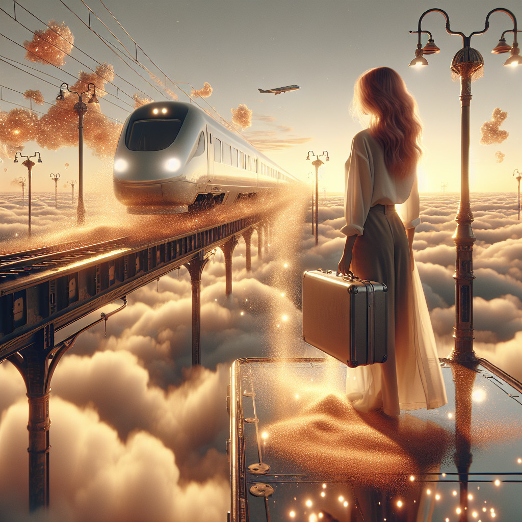 Woman on Cloud Platform with Futuristic Train and Plane