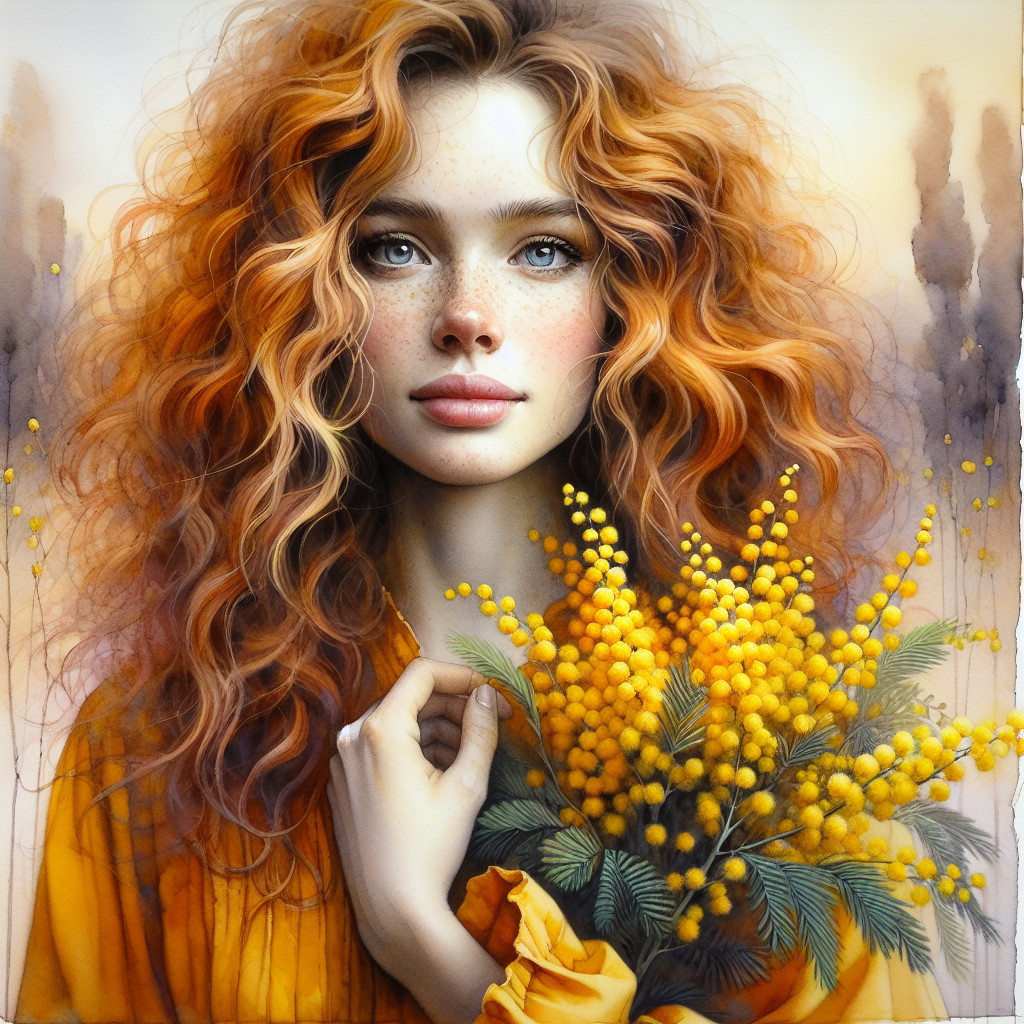 Young woman with red hair and mimosa flowers