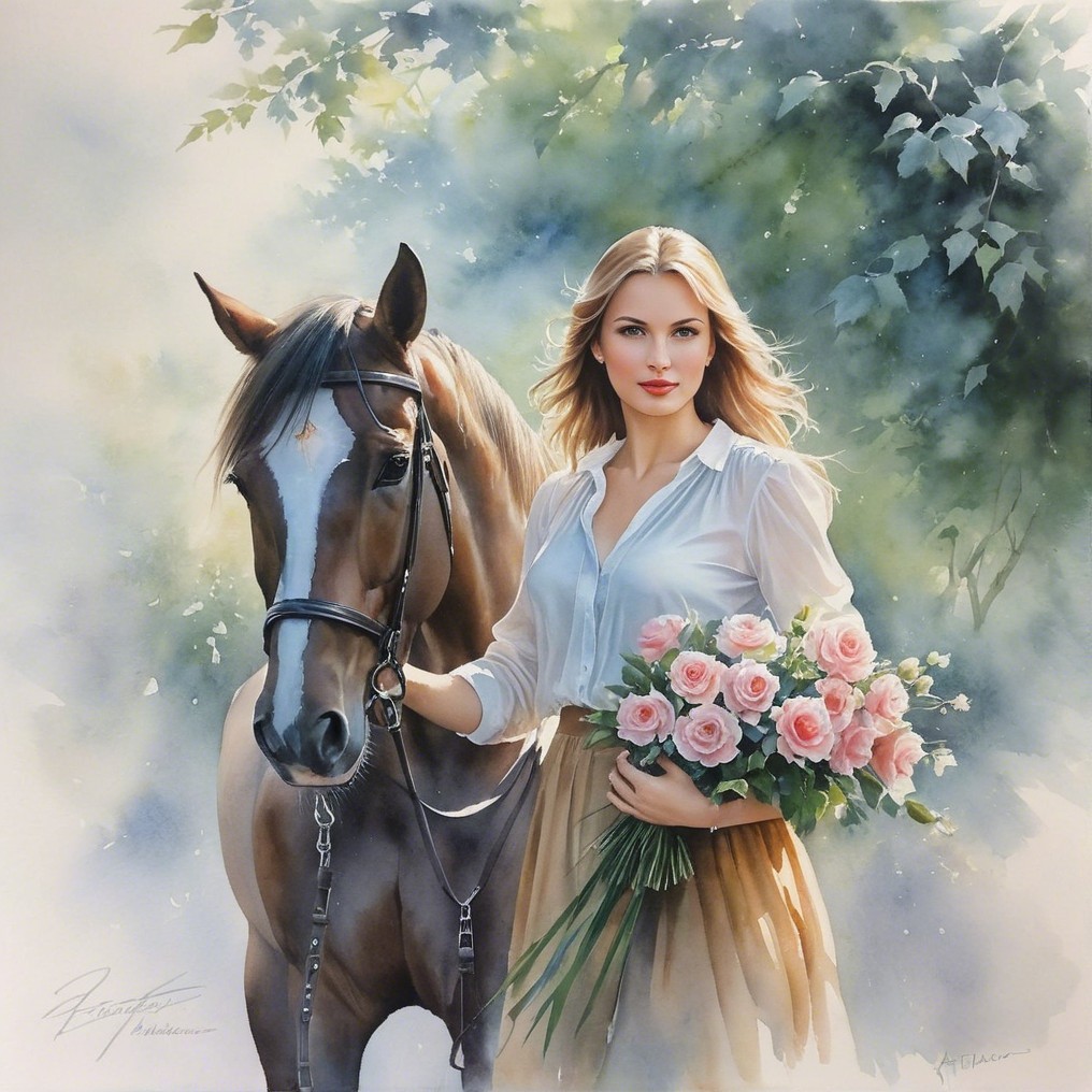 Elegant Woman with Horse and Pink Roses in Nature
