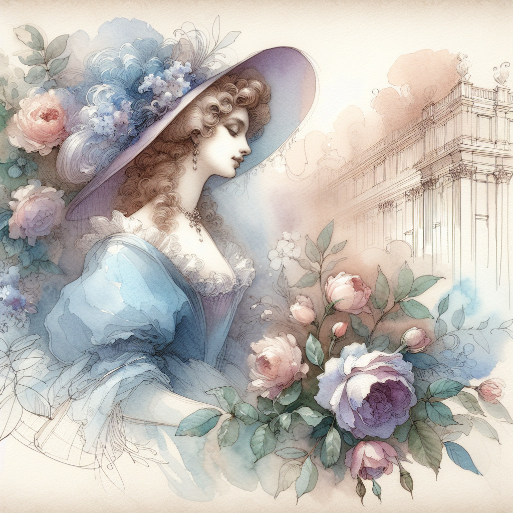 Elegant Woman in Vintage Gown with Floral Hat