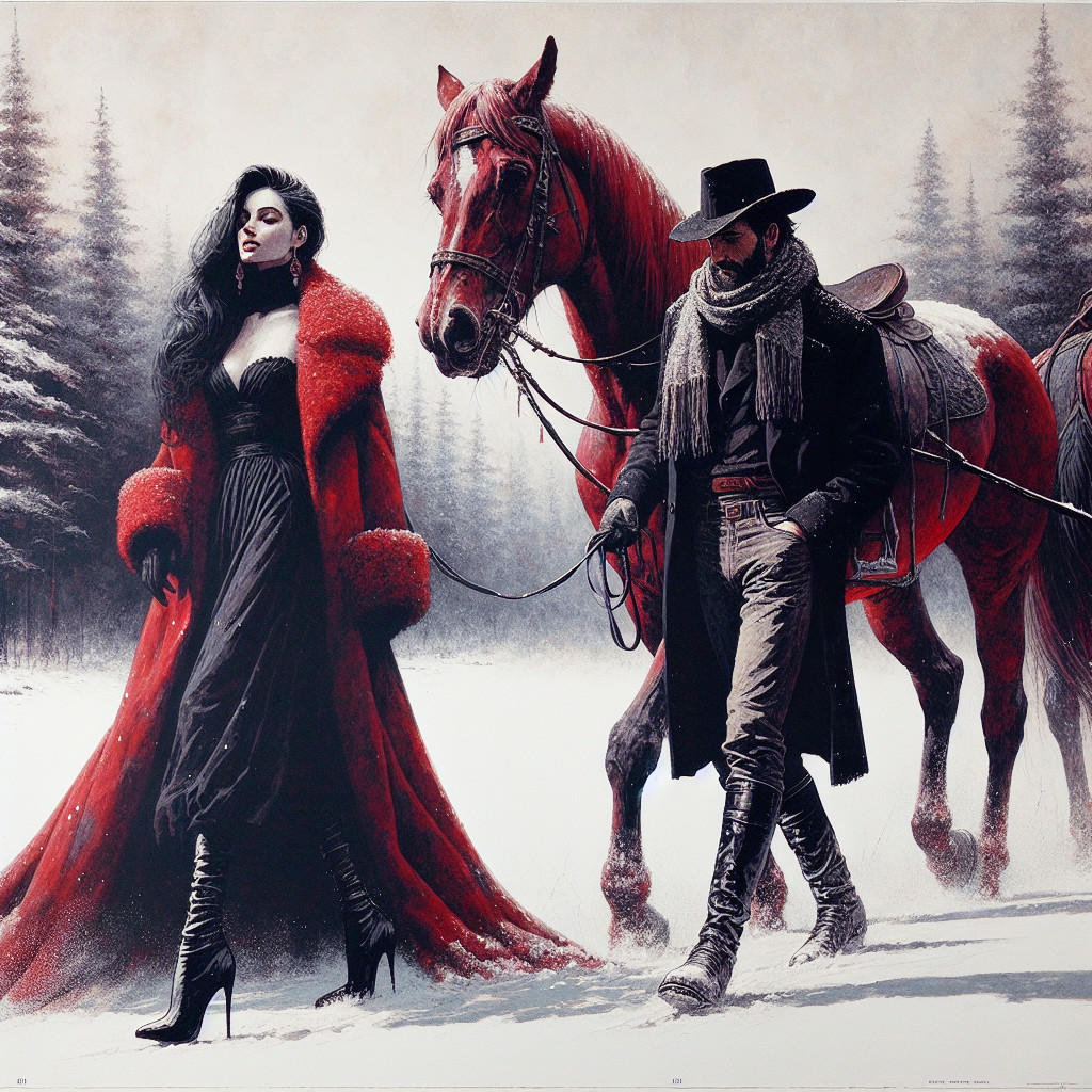 Snowy Landscape with Woman in Red Coat and Horse